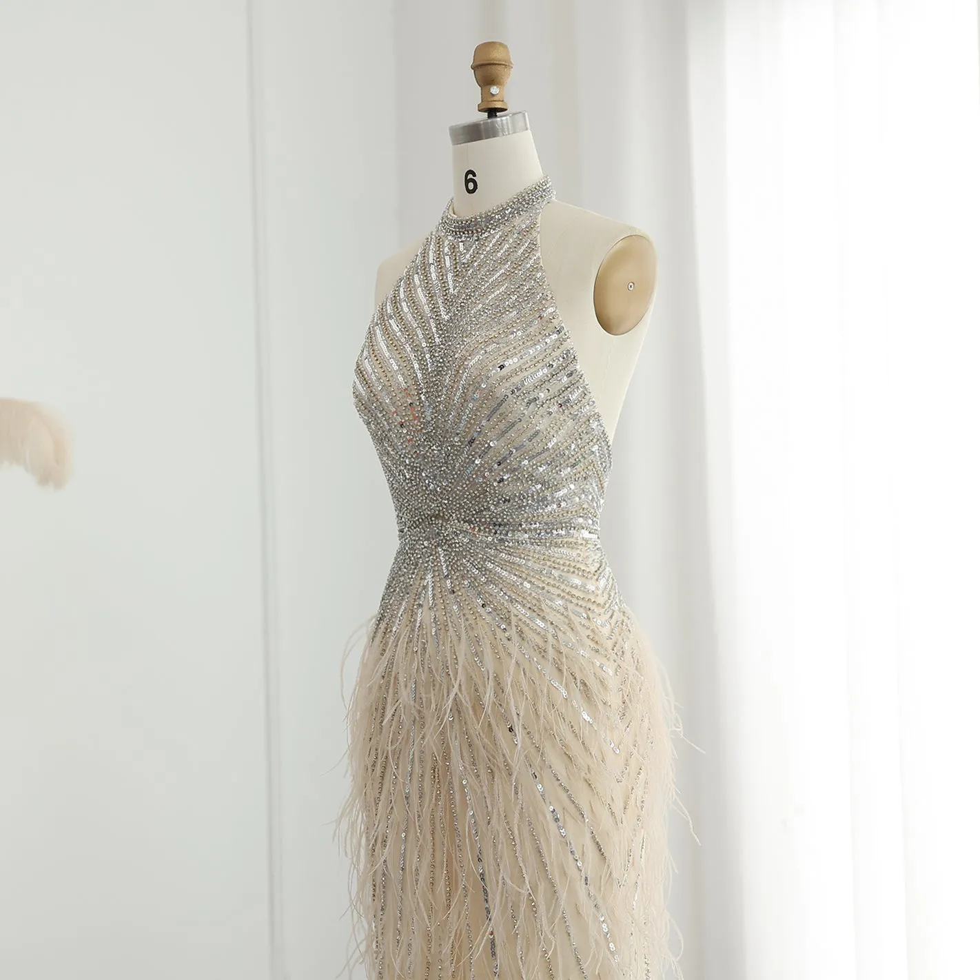 Luxury Beaded Feathers Silver Halter Evening Dress SS006